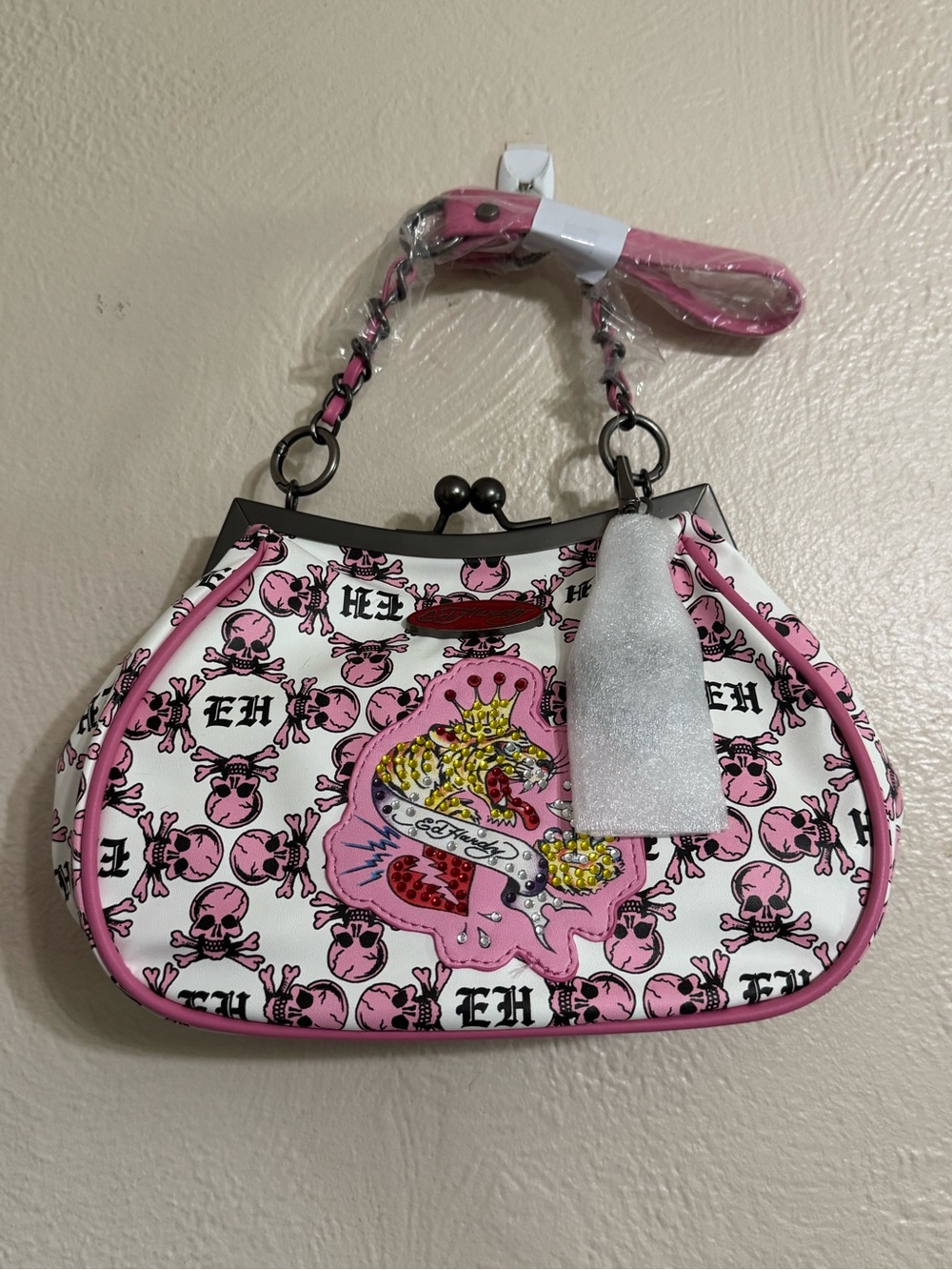 Ed Hardy Pink & White Skull Crest Kiss-Lock Wristlet